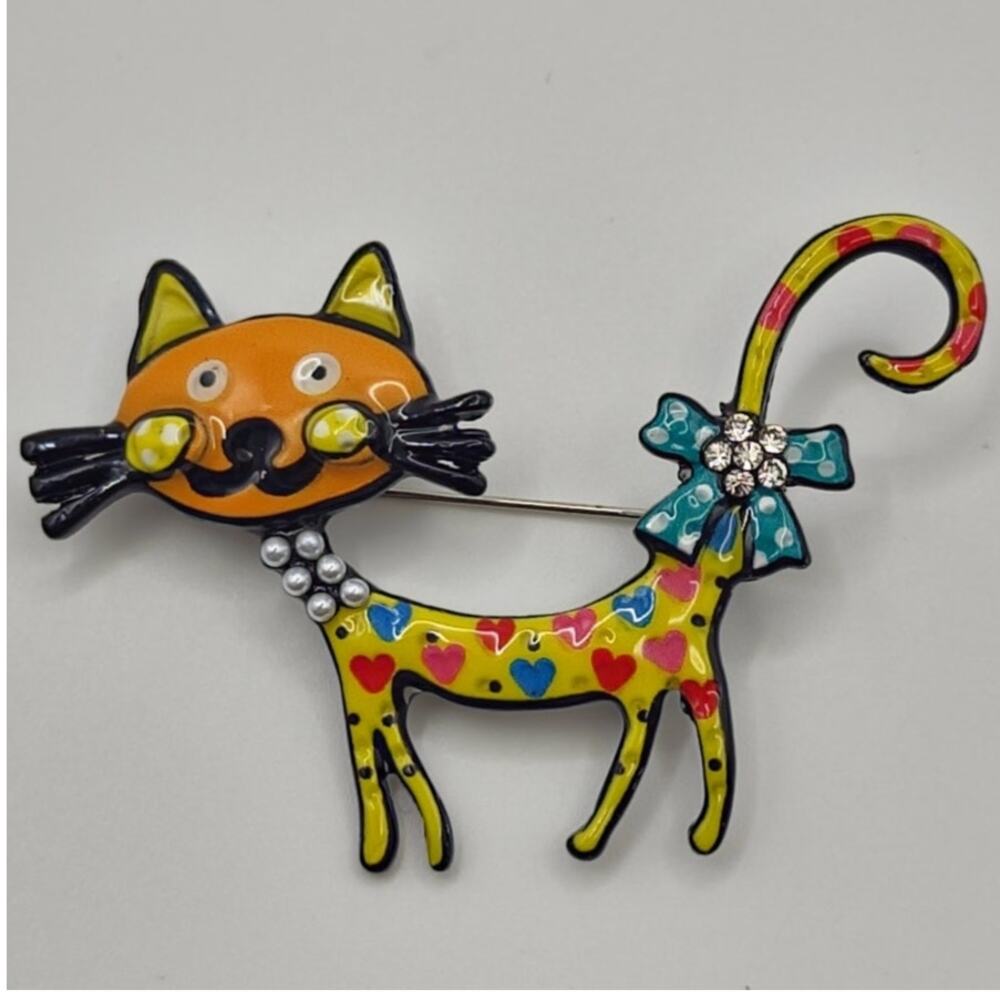Cartoon Style Cat Metal Brooch Enamel & Rhinestone Yellow Multi-color Faux Pearl